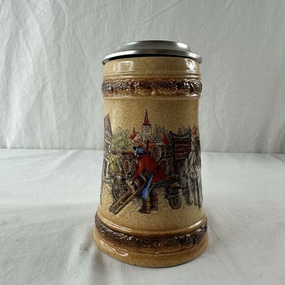 Original Gerz Germany Lidded Beer Stein Town Scene Village Horses Wagon People - Picture 2 of 10